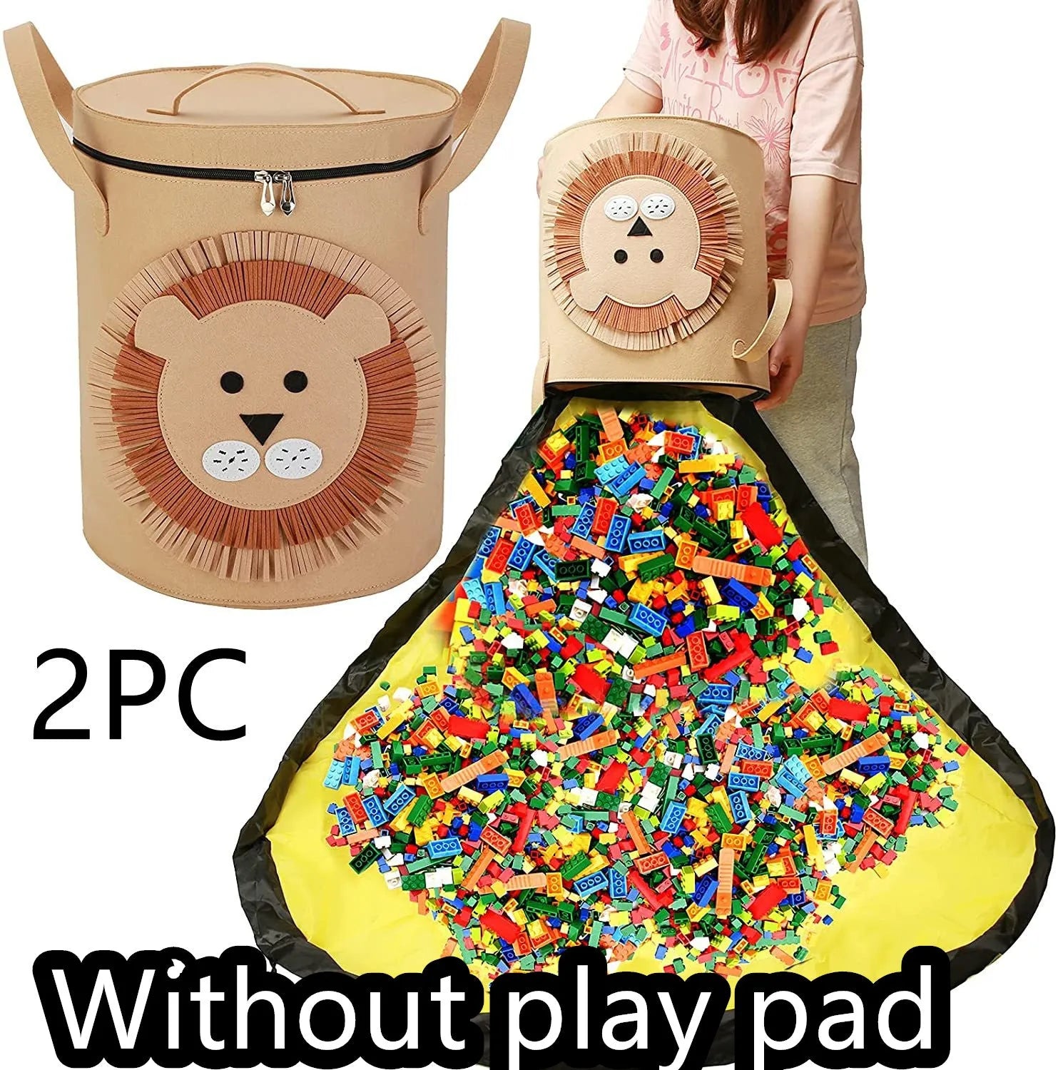 Green cube-shaped felt storage bag with a pull rope, shown as a toy organiser and play mat.