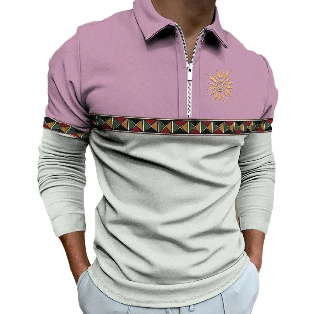 Men's loose fit long sleeve t-shirt with retro colour printing and zipper decorations on textured fabric.