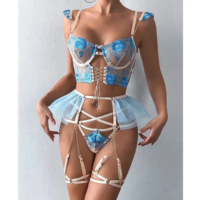 Light blue transparent push up bra with embroidered lace detailing and matching underwear