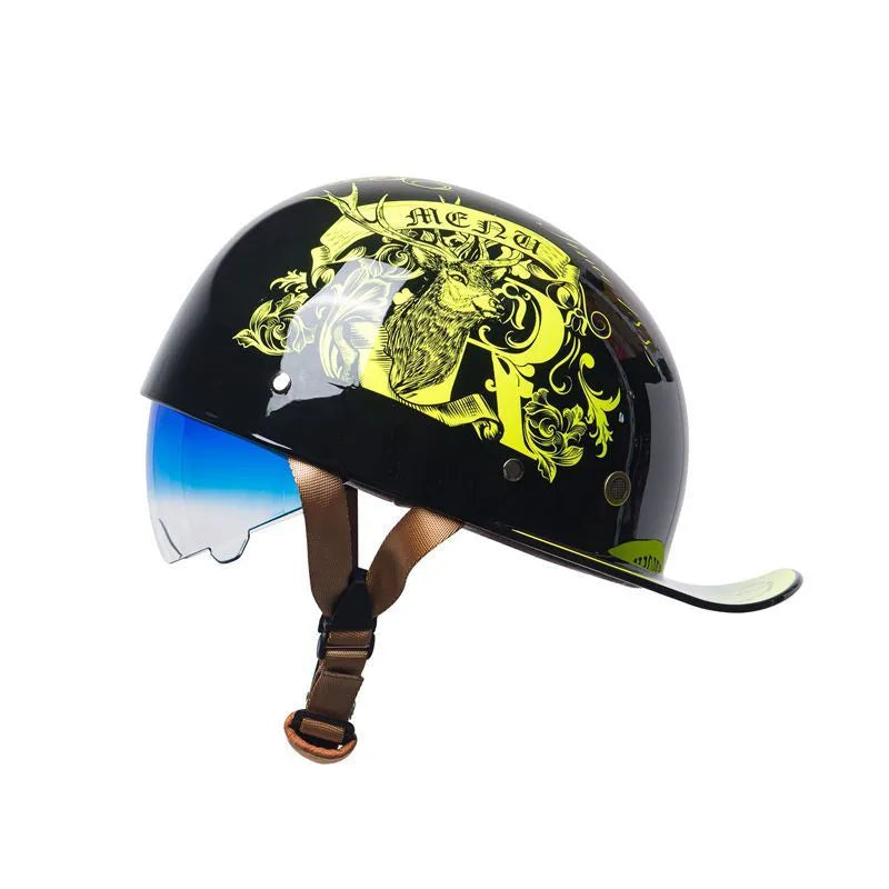 Men's retro electric bicycle half helmet with gradient blue lens in ABS material