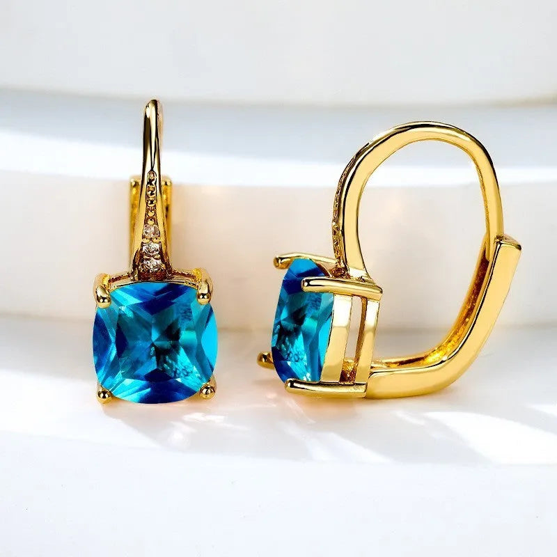 Square geometric ear hooks with round zircon inlays in gold, platinum, or rose gold finish