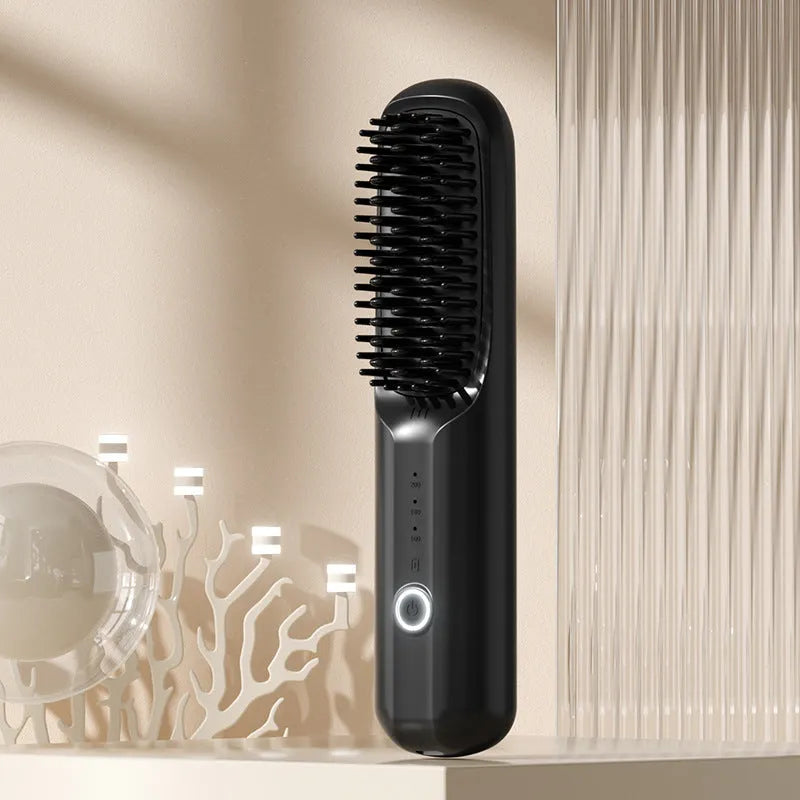 Anion wireless hair straightening comb in beige, pink, purple or black colours with ceramic heating plates