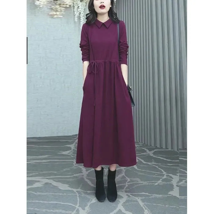 Purplish red women's plus size dress with long sleeves and skirt for autumn and winter commuting wear