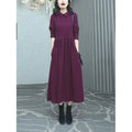 Purplish red women's plus size dress with long sleeves and skirt for autumn and winter commuting wear