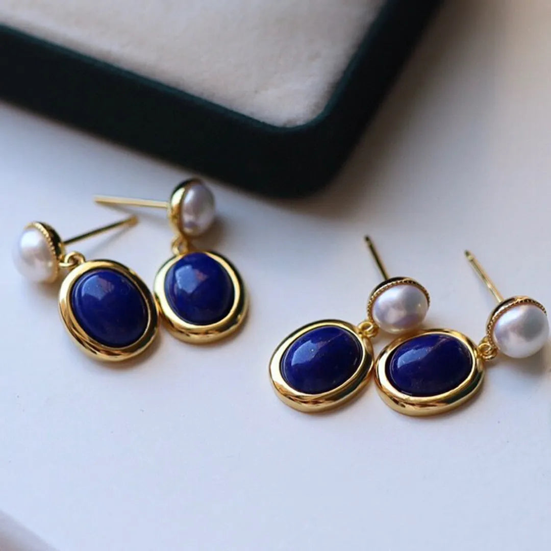 Lapis lazuli pearl drop earrings in 925 silver with auspicious patterns