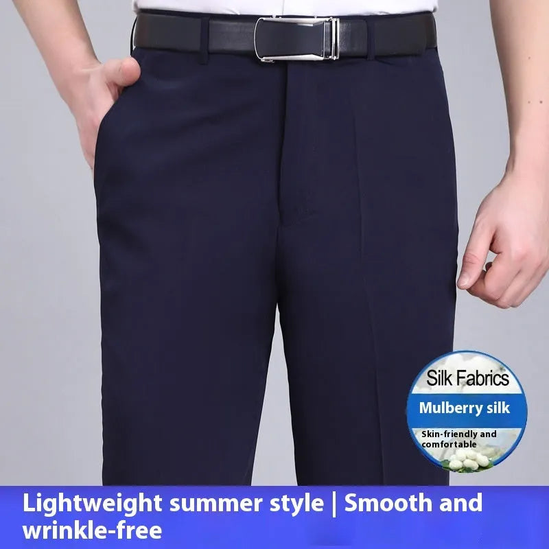 Men's straight-leg mulberry silk blend business trousers in dark blue on a hanger.