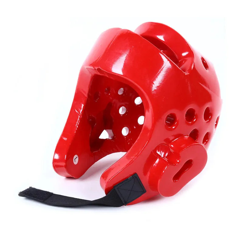Red and blue karate taekwondo protective gear set showing leg guards, helmet, and boxing gloves