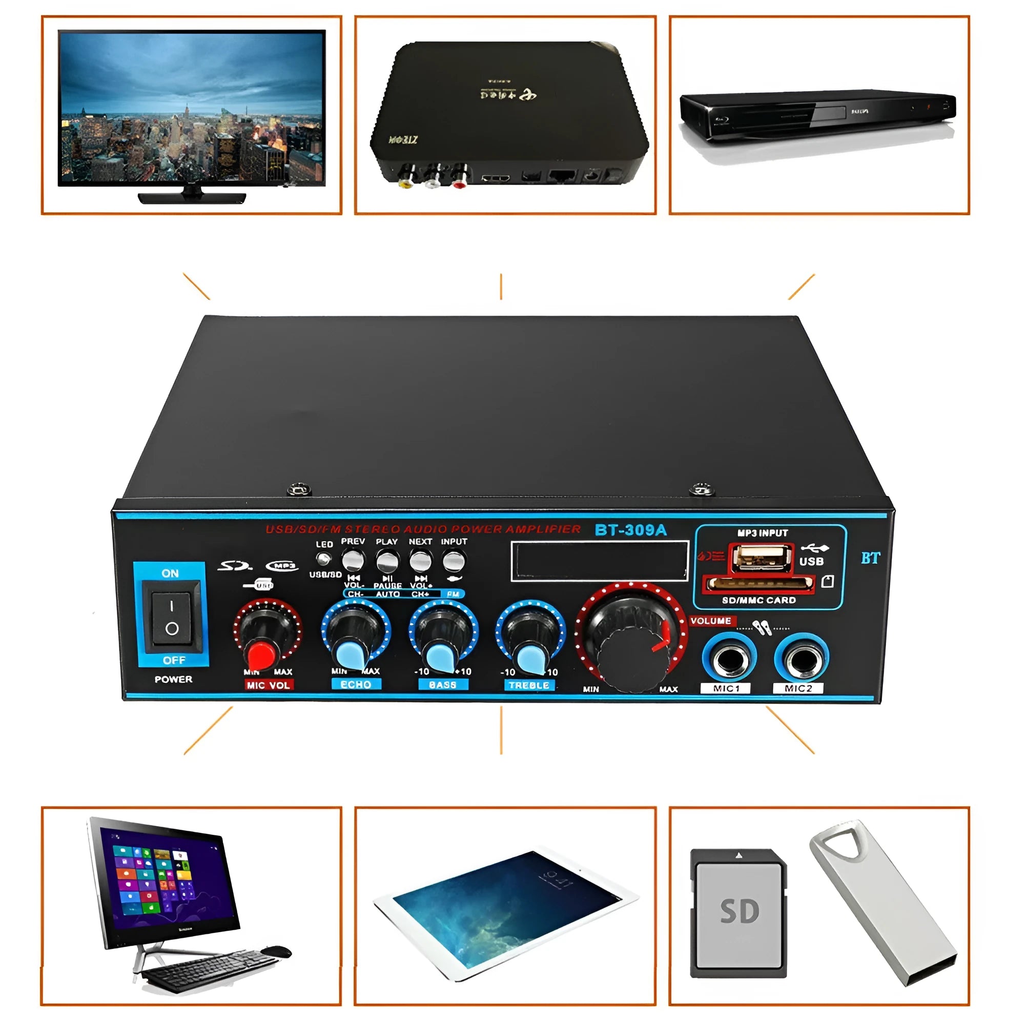 BT-309A-A black iron case power amplifier with remote control for home and car use
