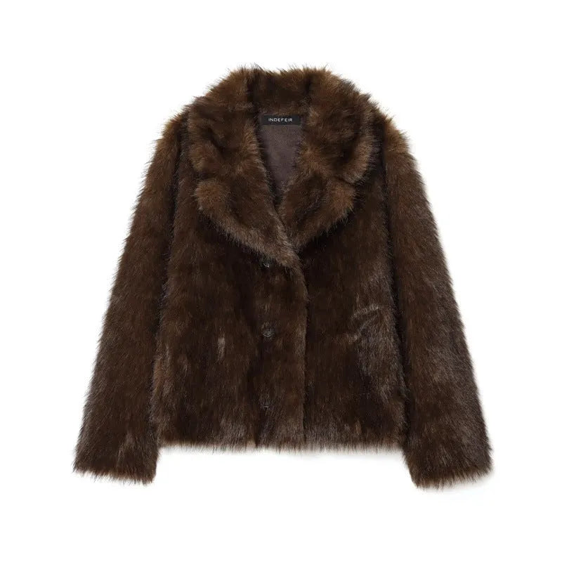 Women's double-sided artificial fur effect jacket coat with faux fur collar in brown colour