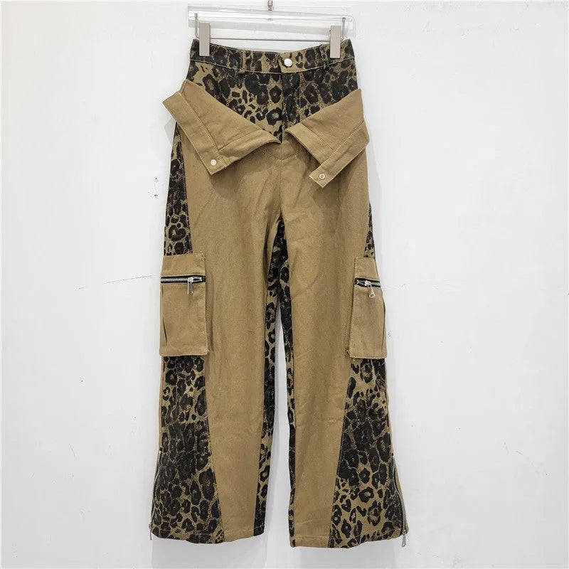 Dark khaki leopard print high waist jeans with tooling style stitching and straight leg cut