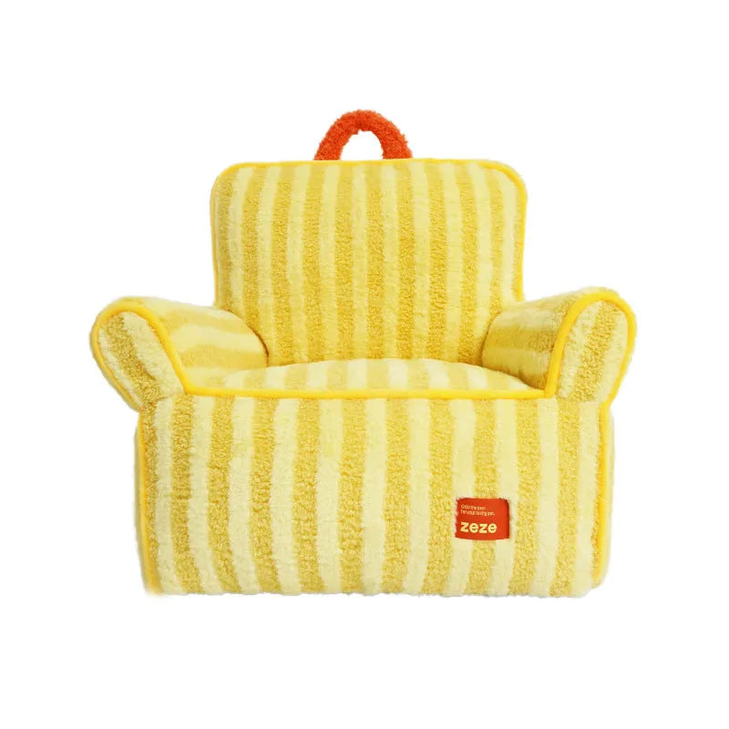Striped soft velvet pet bed for dogs with removable washable cover in orange, purple, and yellow colours.