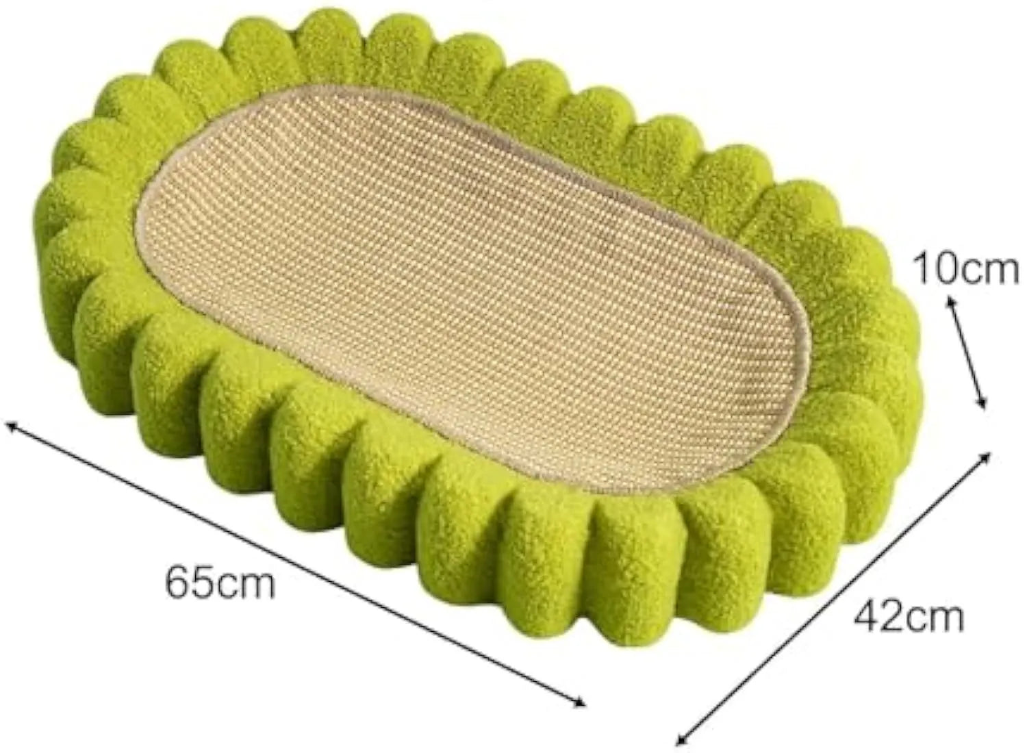 Green oval-shaped cat scratch pad bowl with sisal scratching surface, functioning as a cat bed.