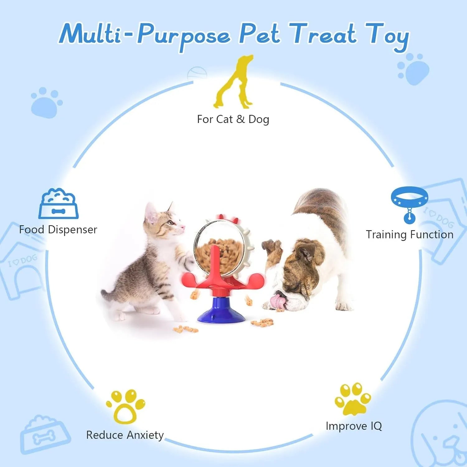 Interactive pet puzzle toy with spinner treat dispenser and suction cup base in multiple colours