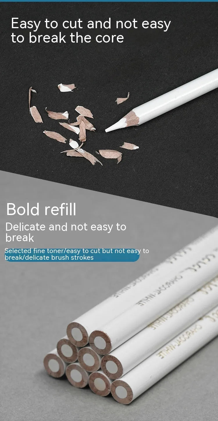 Set of three white charcoal pencils with wooden barrels for highlighting and sketching