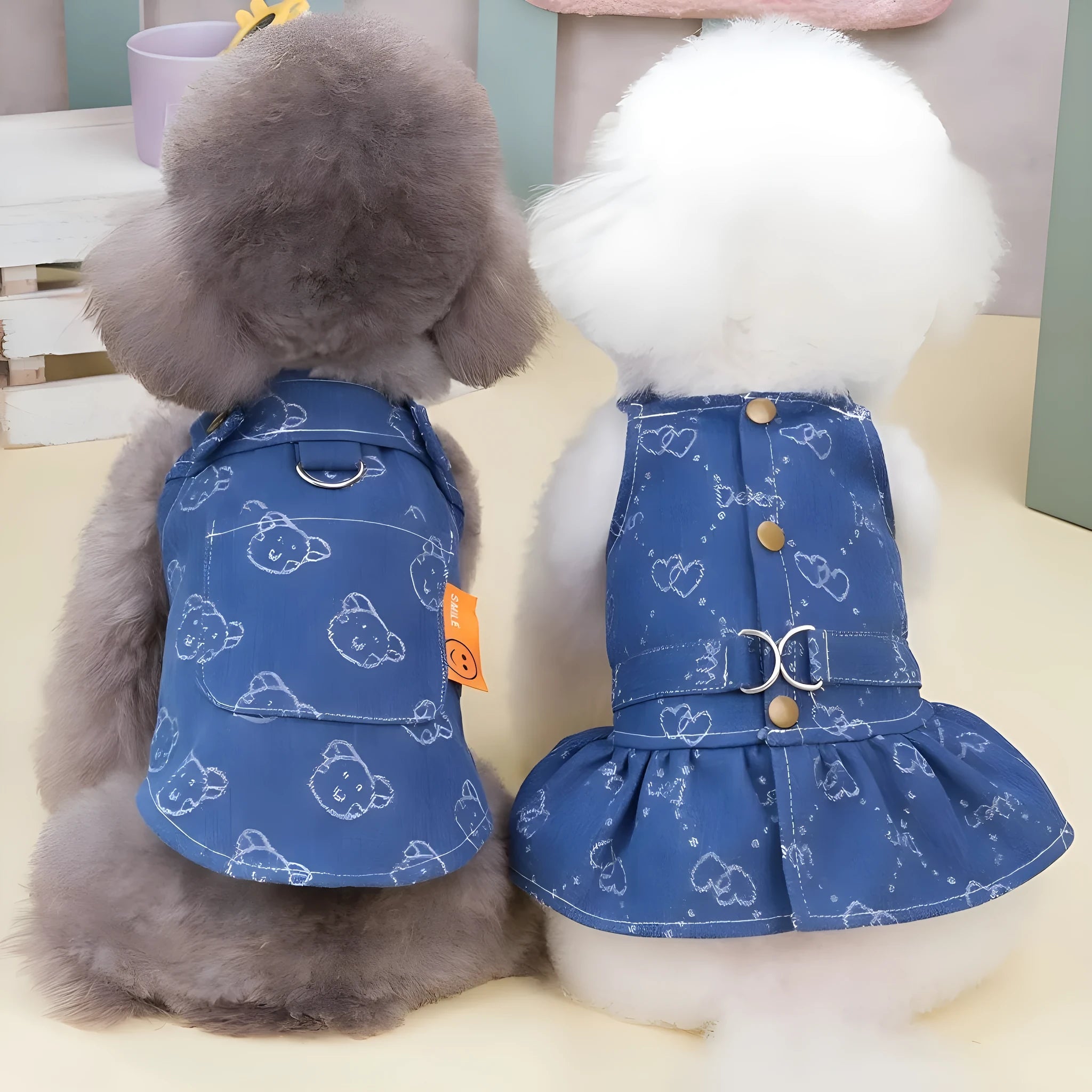 Teddy Bichon small dog wearing denim princess dress with bracket skirt style in HNXD colour