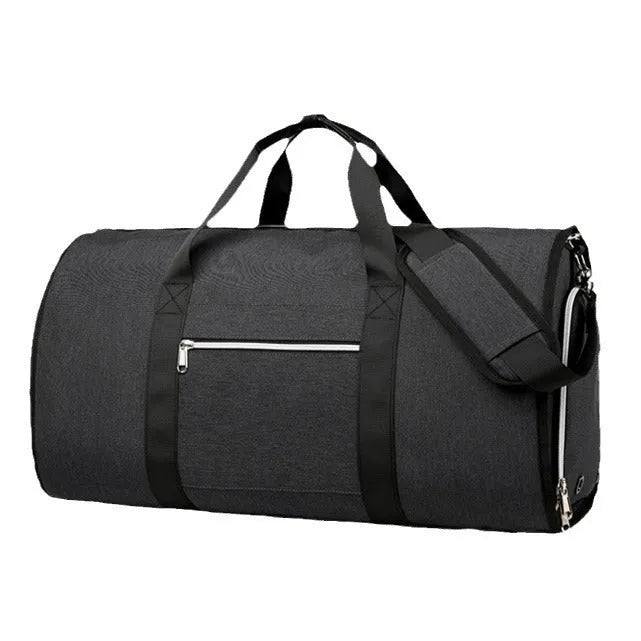 An Oxford cloth expandable sports storage bag in grey, showing compartments for dry wet separation.