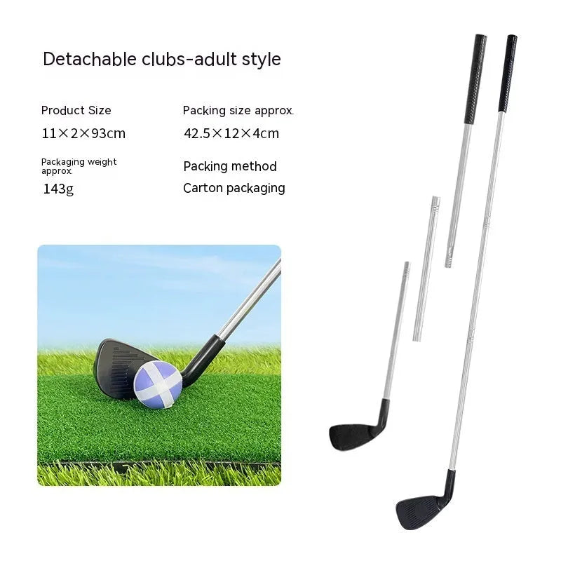 Metal golf club set showing adult and children's sizes for outdoor sports