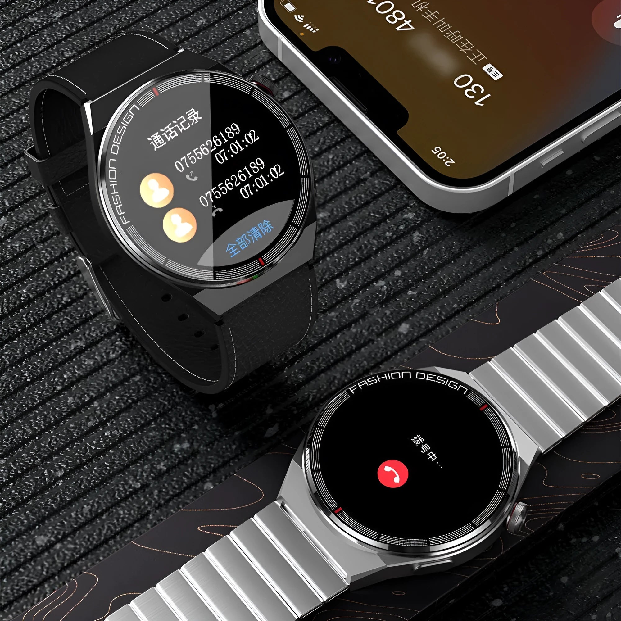 Smartwatch with 1.28-inch display showing health metrics, available in black or silver with silicone or steel straps