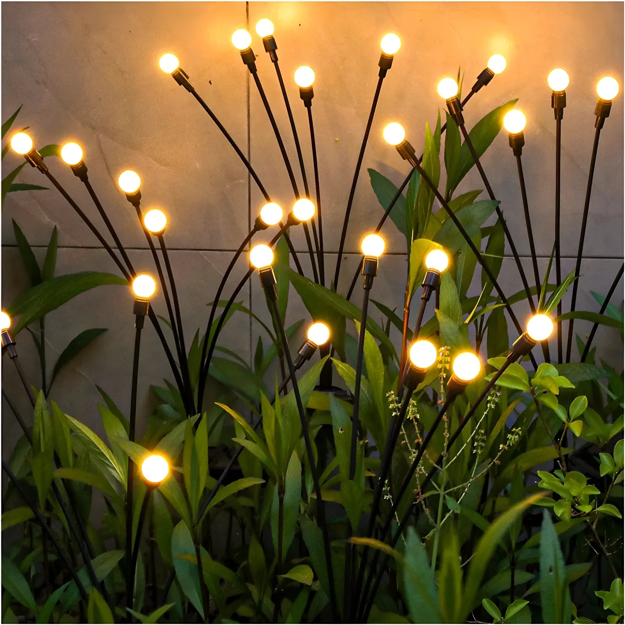 Solar-powered LED firefly ground lamp with multiple light heads for garden pathway illumination