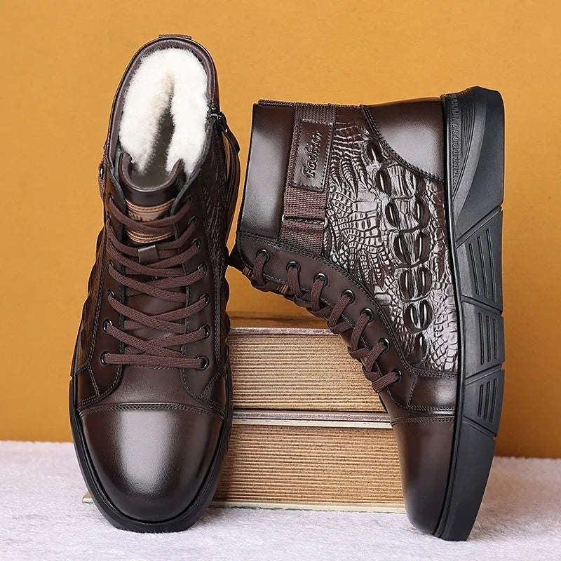 Men's black genuine leather snow boots with fur lining and lace-up front on a rubber sole.