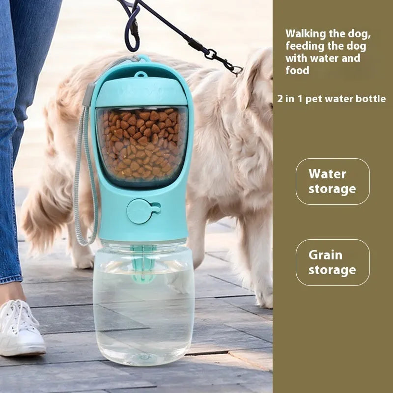 Blue portable dog water bottle with dual drinking and grain compartments