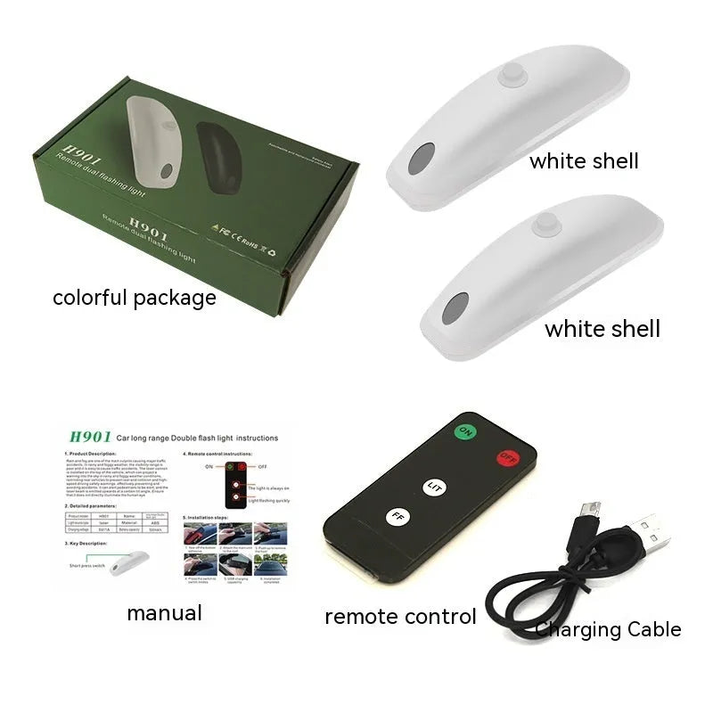 Car anti-collision strobe light with remote control showing white and black options