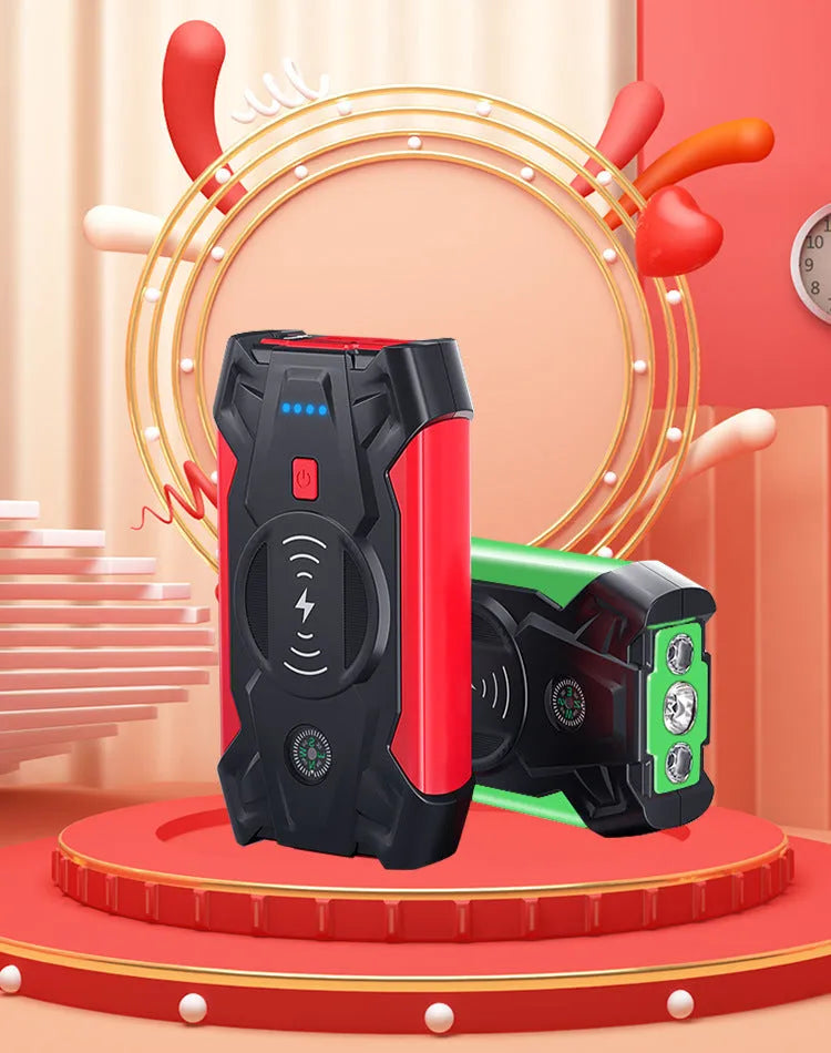 Red 12V car jump starter power bank with digital display and air compressor function