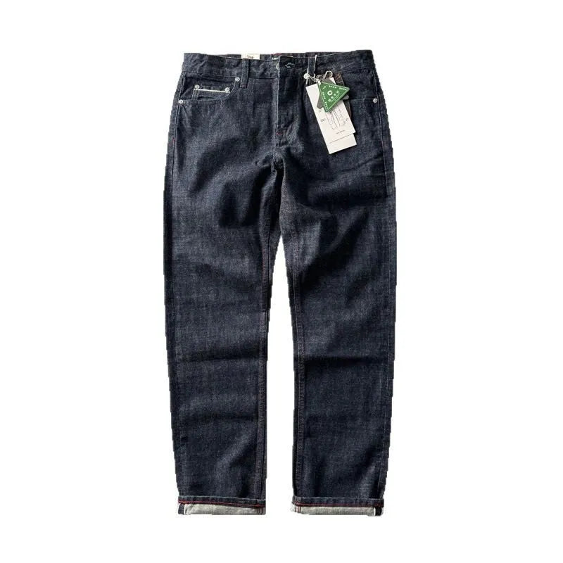 Men's primary colour straight leg jeans in American retro style laid flat, showing the mid waist and full-length leg.