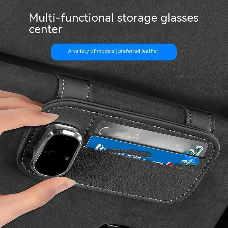 Cowhide leather automotive sun visor card holder with glasses clip in various colours.
