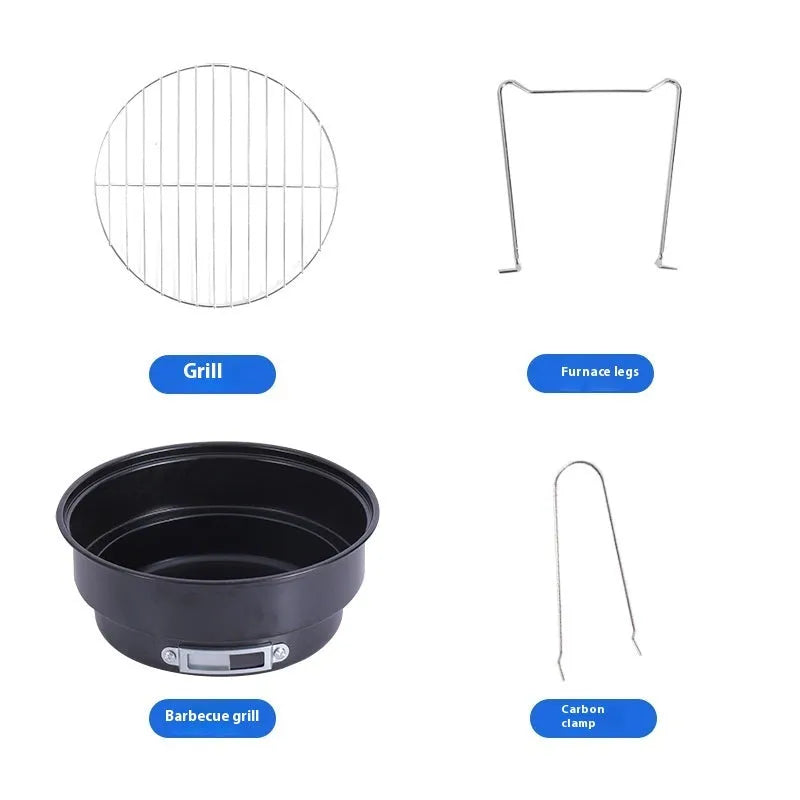 Small round folding outdoor stove with grill mesh and furnace legs for 1-2 person barbecues