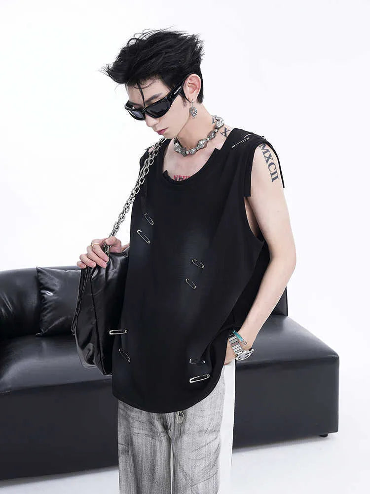 Men's black sleeveless waistcoat vest with irregular cut and ripped design detail on a hanger.