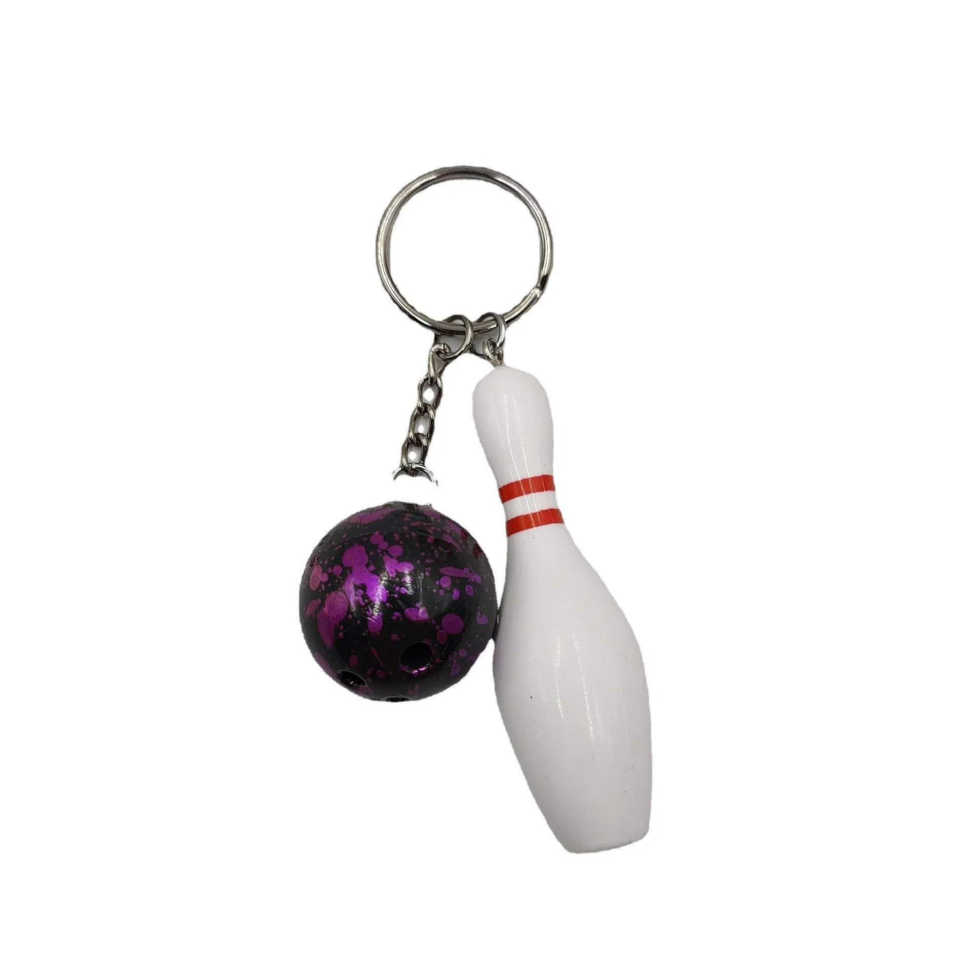Mini bowling ball keychain pendant in PVC metal showing four colour options: dark red, blue, purple, green