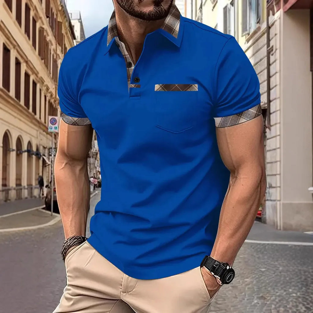 Men's colourblock plaid t-shirt with short sleeves and zipper decoration detail