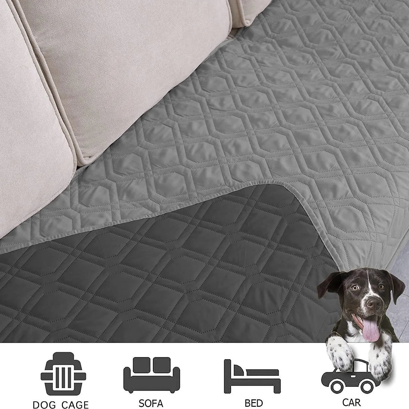 Reversible waterproof dog blanket couch cover in burgundy and grey, laid flat on a sofa.