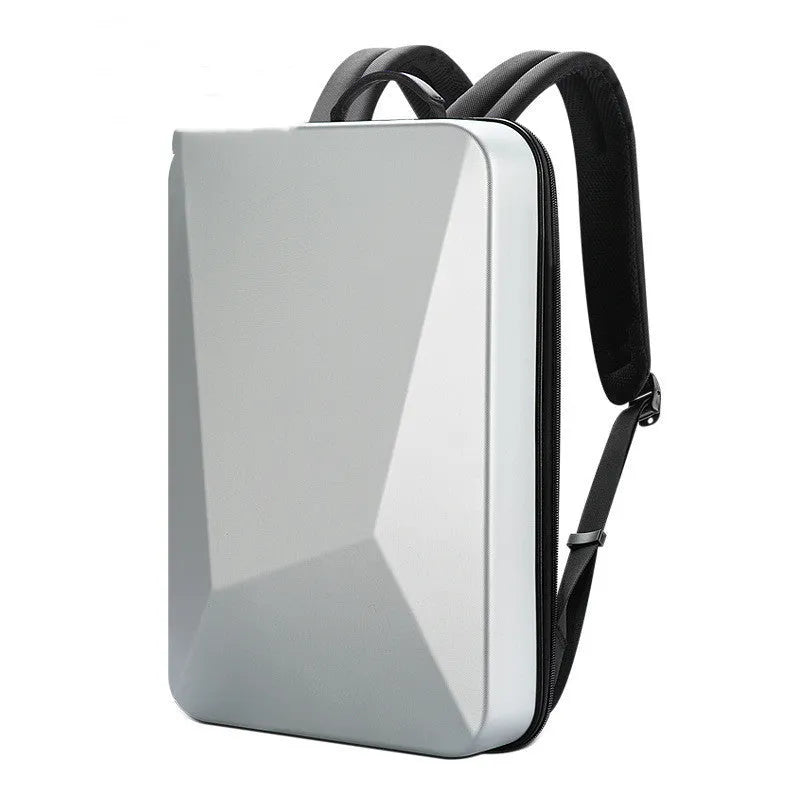 Large PC hard shell gaming backpack in titanium gold silver colour with double shoulder straps and organisational pockets