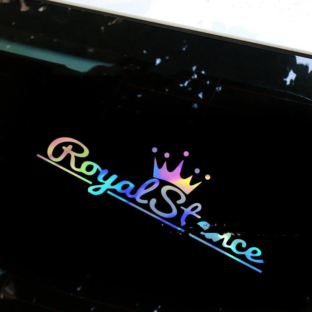 Reflective colourful crown car sticker on vehicle window, 30 by 12 cm.