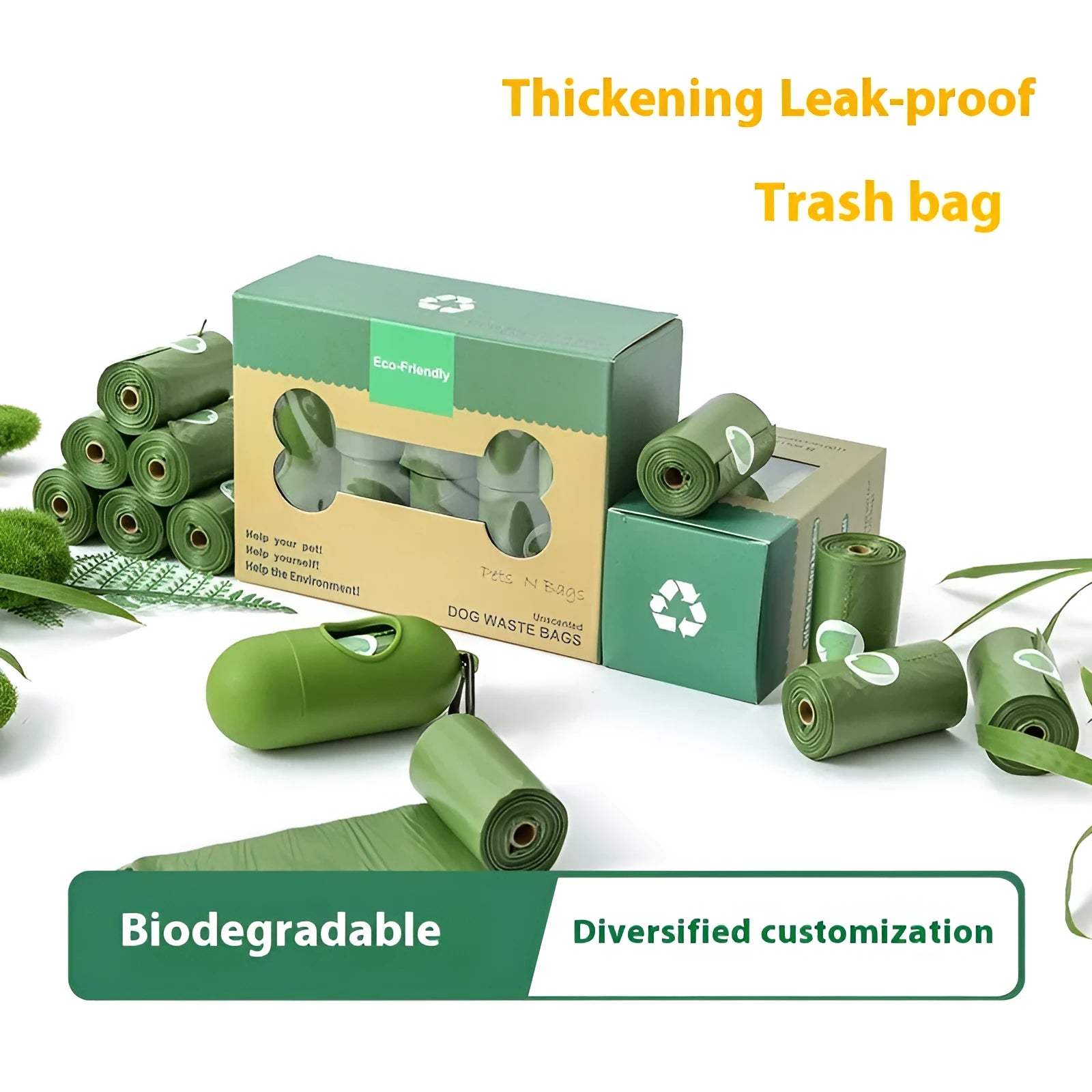 EPI degradable pet waste bags in green, black, blue, purple and orange colours with dispenser