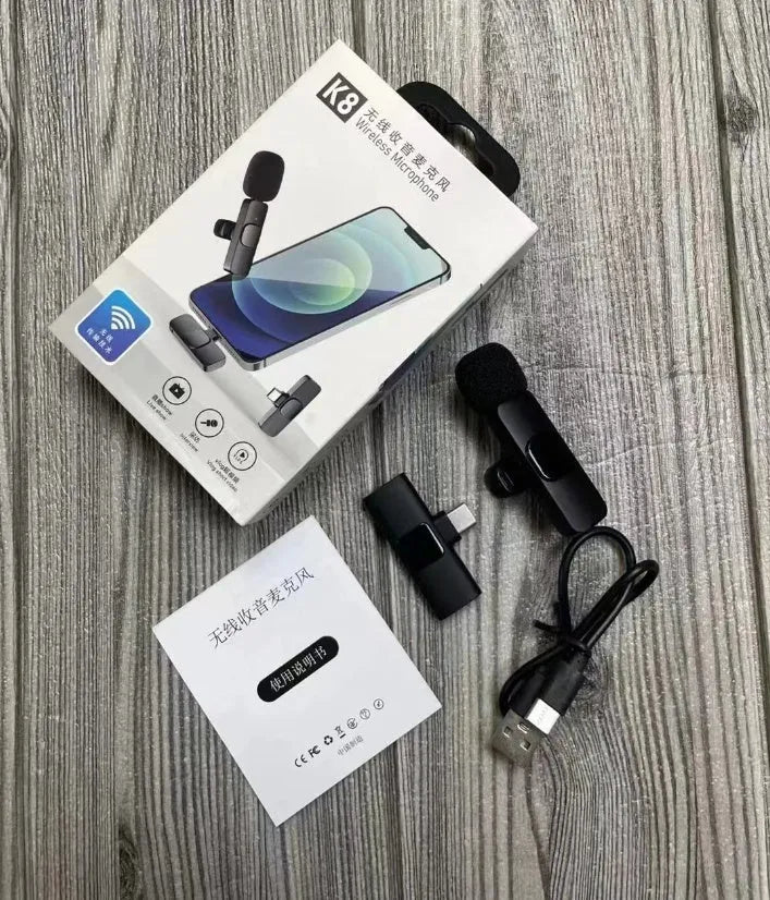 Wireless collar clip microphone for smartphones, showing clip design and available connection options.