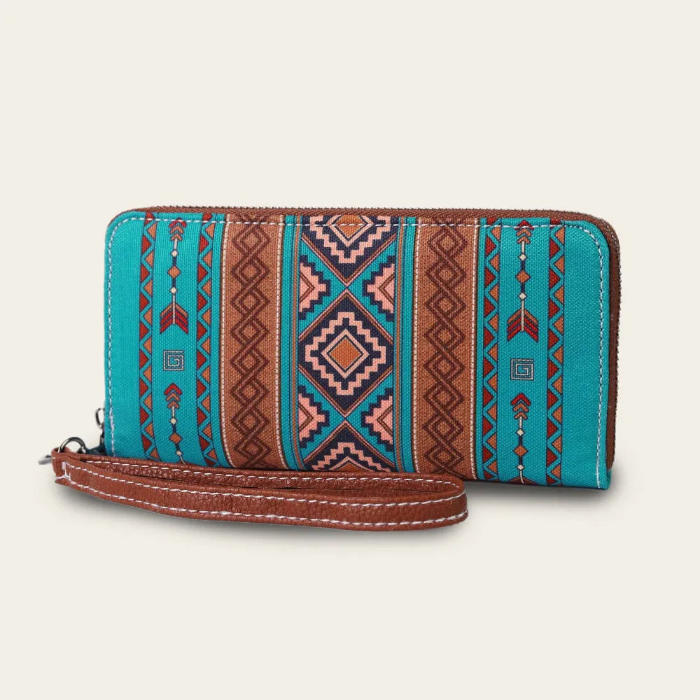 Striped canvas RFID wallet with bohemian pattern showing interior card slots