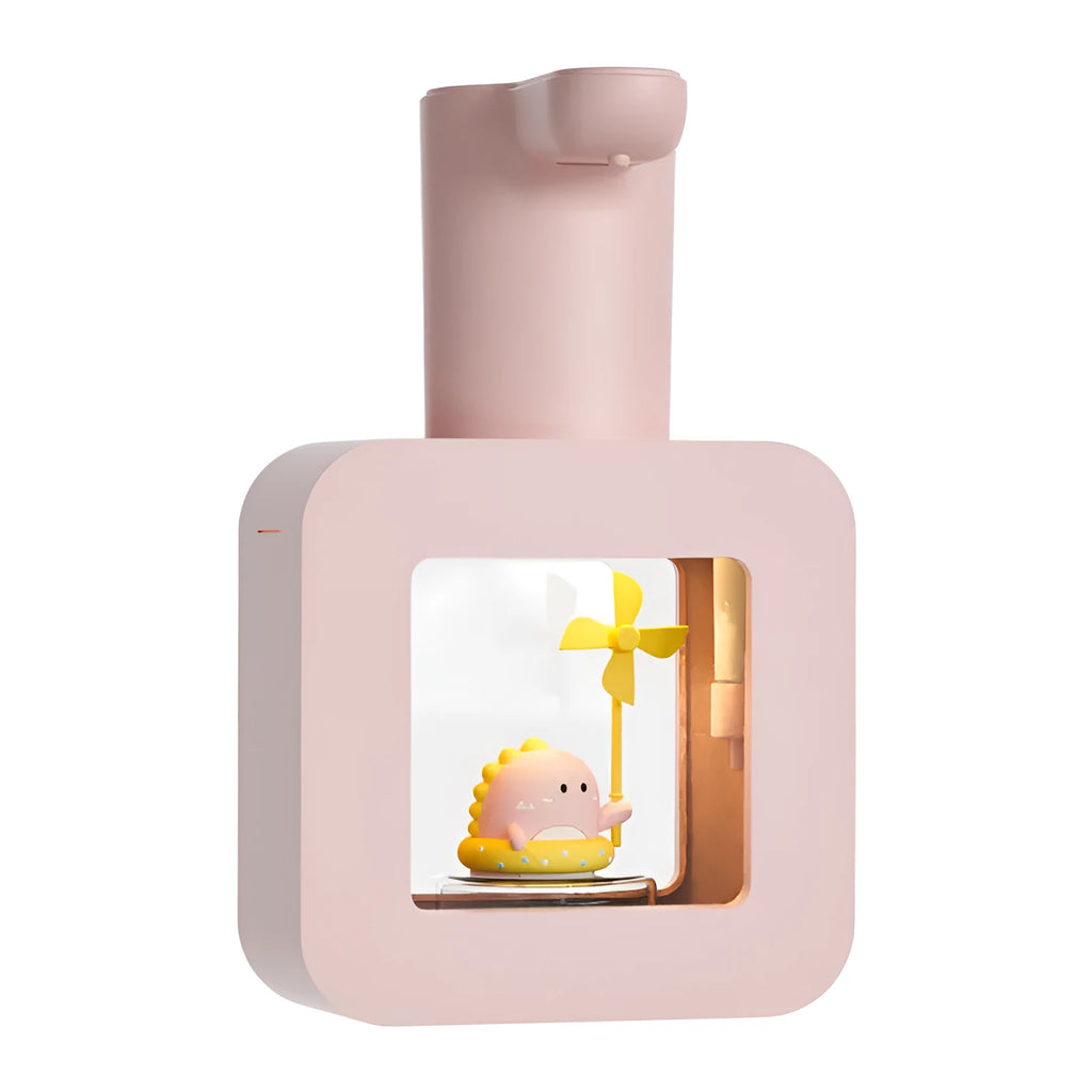 Pink Pet Cube automatic soap dispenser with unicorn and kitten cartoon designs for kids' bathroom