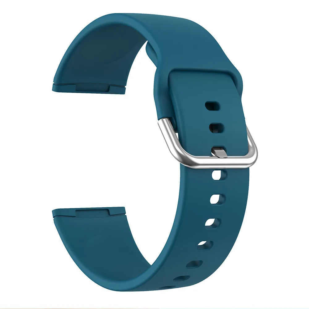 Solid colour silicone replacement strap with silver buckle for Fitbit Versa 3 and Sense 2 smartwatches.