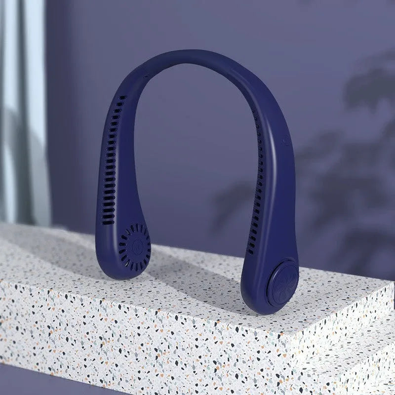 Pink USB rechargeable bladeless neck fan with flexible neckband showing adjustable speed controls