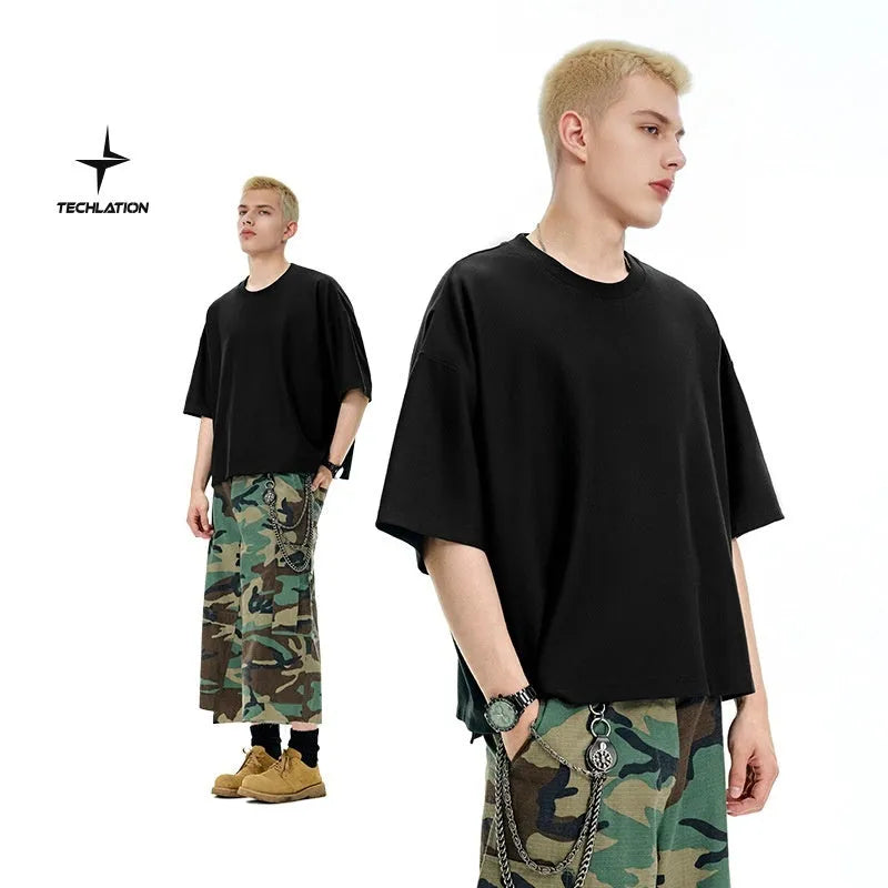 Men's sand grey loose-fit short sleeve t-shirt made from cotton and polyester blend fabric.