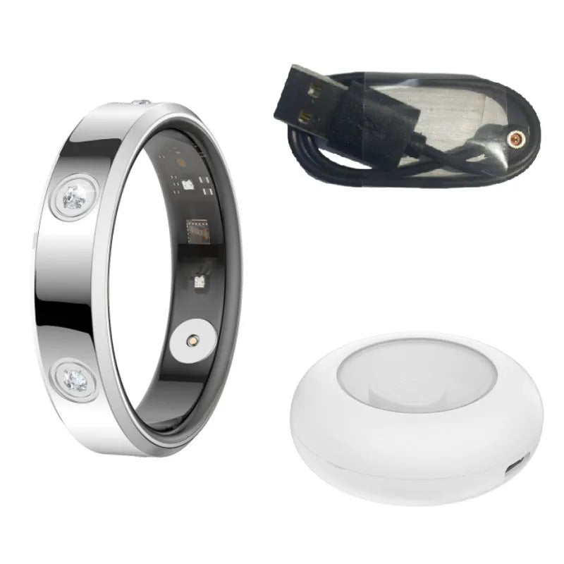 Silver intelligent smart ring with line charger, finger worn for blood oxygen and heart rate exercise monitoring