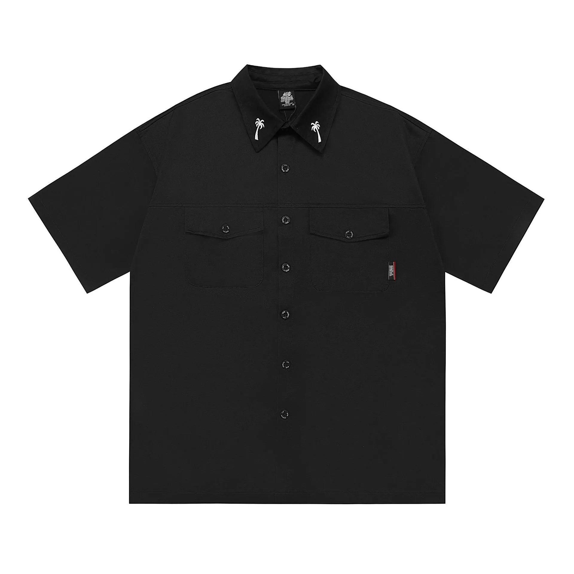 Men's loose fit black embroidered half-sleeve work shirt on a hanger.