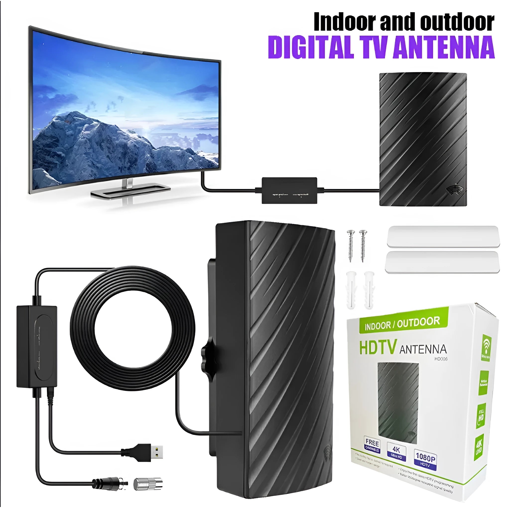 Black plastic digital television antenna with mounting hardware including screws and expansion tubes