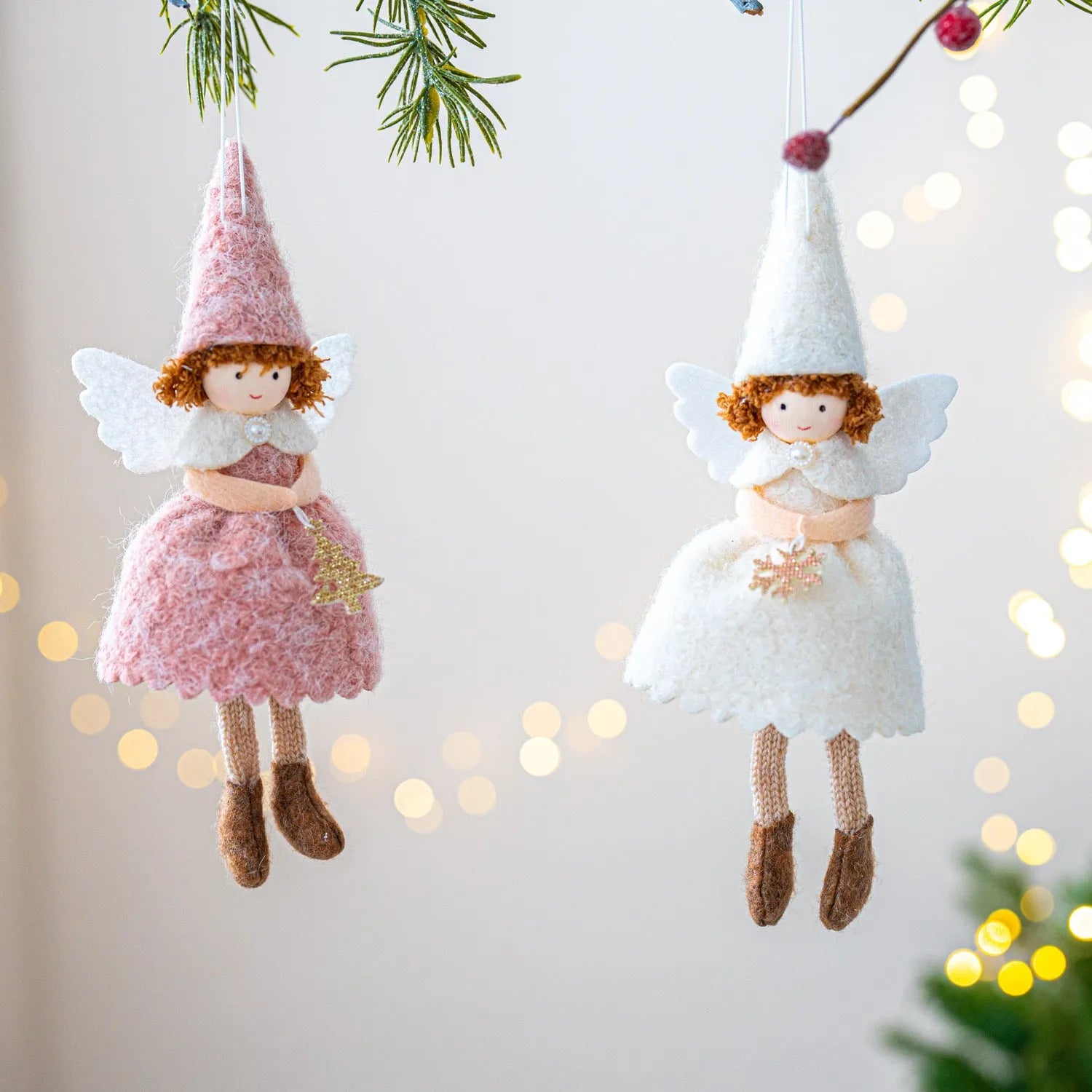 White and pink Christmas angel skirt felt pendant ornament with plush texture