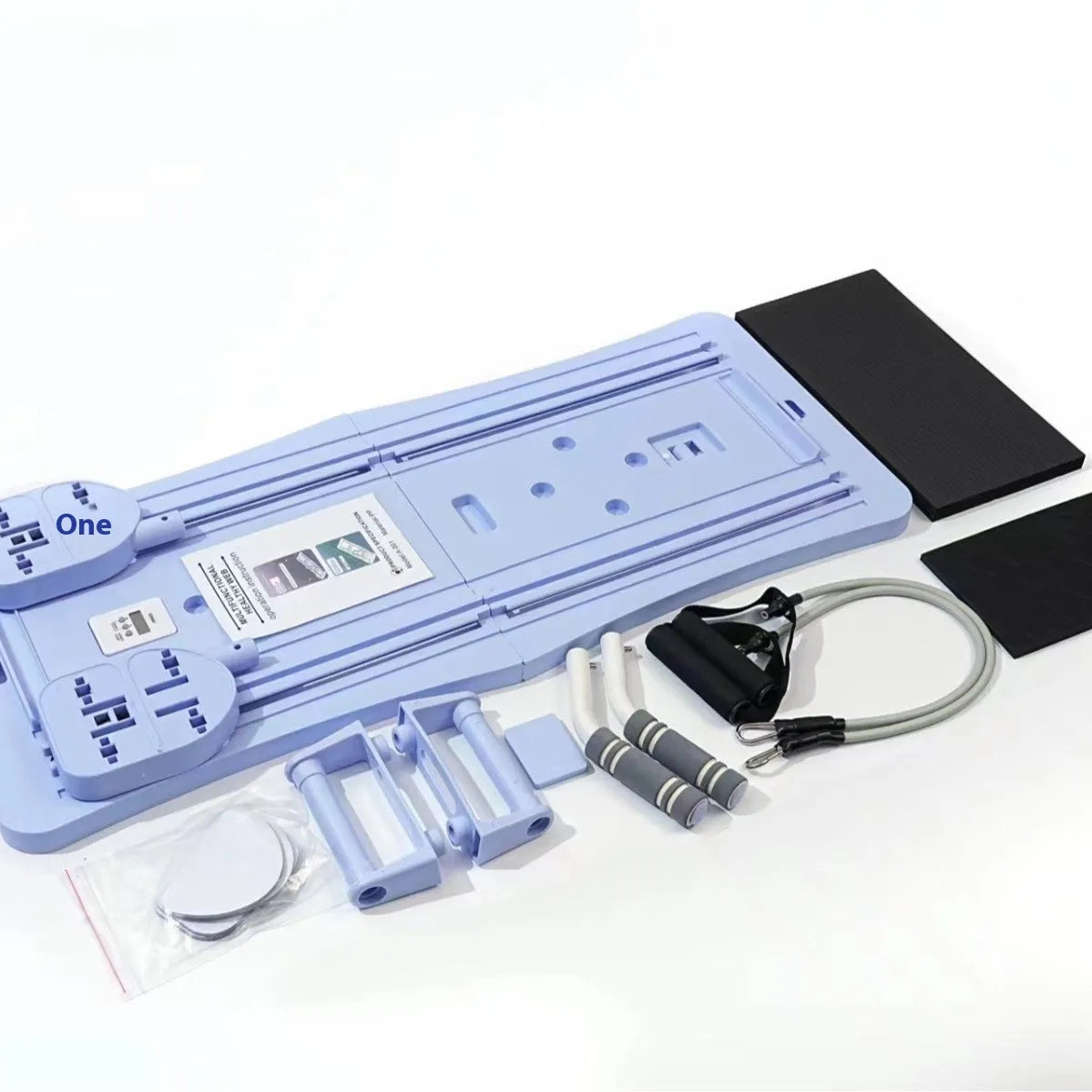 Foldable purple PP fitness belly panel shown flat, used for core workouts at home.