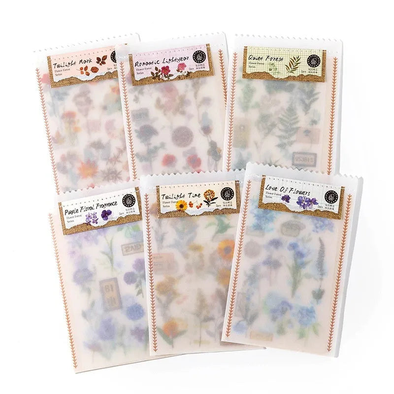 Huazhisen Series sticker pack showing forest label designs on transfer paper and cotton linen sheets