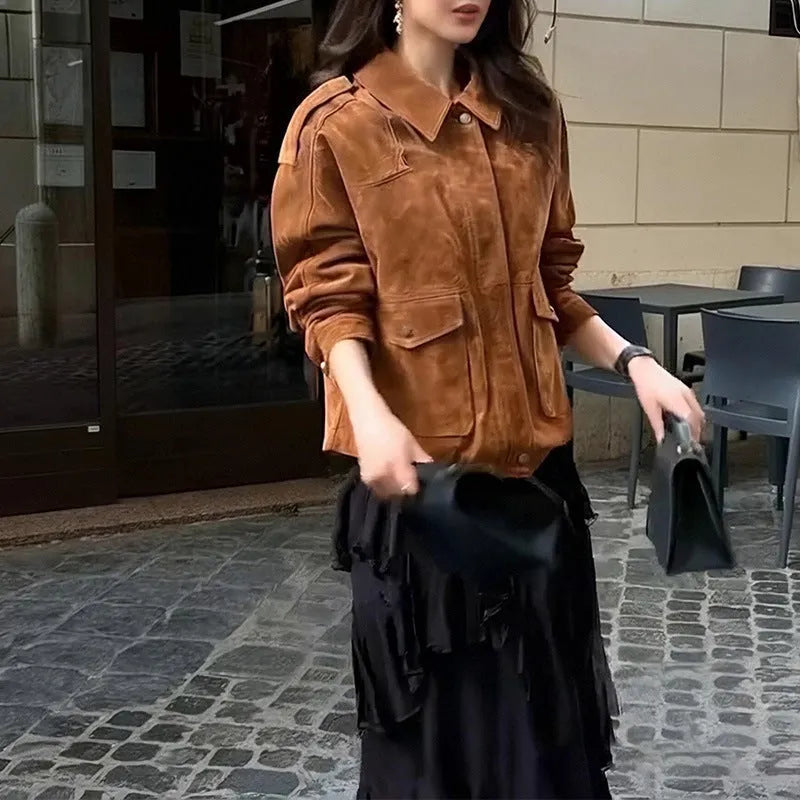 Women's brown suede-style coat with regular sleeves and street chic design